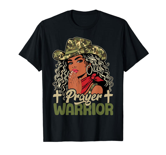 Prayer Warrior Black Cowgirl Praying Western Christian Camo T-Shirt