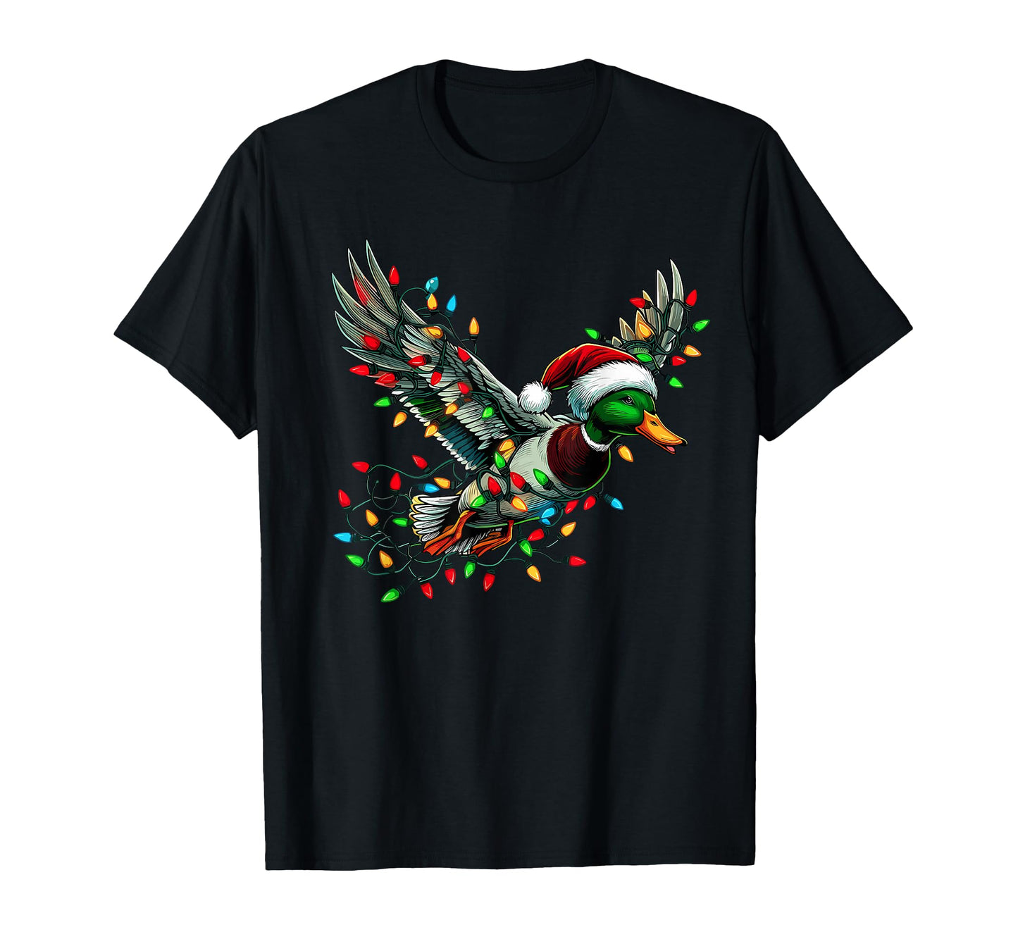 Flying Santa Duck with Christmas Lights Hunting Season T-Shirt