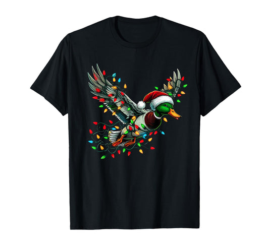 Flying Santa Duck with Christmas Lights Hunting Season T-Shirt