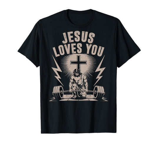 Jesus Loves You Funny Christian Workout Gym Barbell Cross T-Shirt