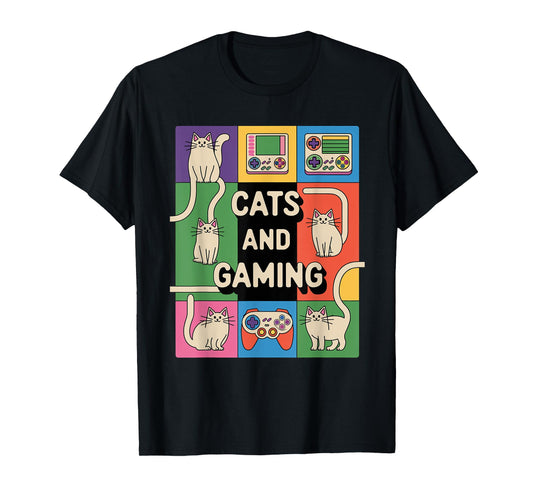 Retro Cats And Gaming Funny Cat Lover and Video Game Player T-Shirt for Men Women Kids