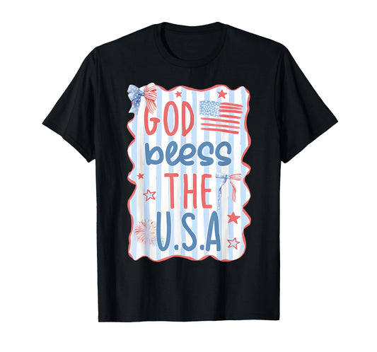 Coquette Bow God Bless The USA American Flag 4th Of July T-Shirt