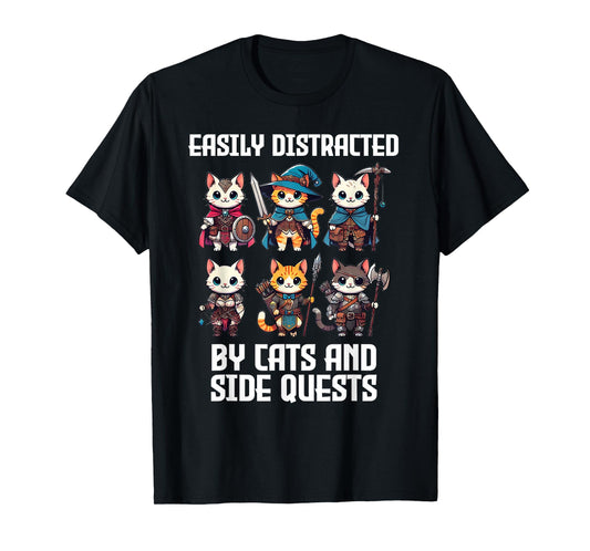 Easily Distracted By Cats And Side Quests Funny Gamer T-Shirt