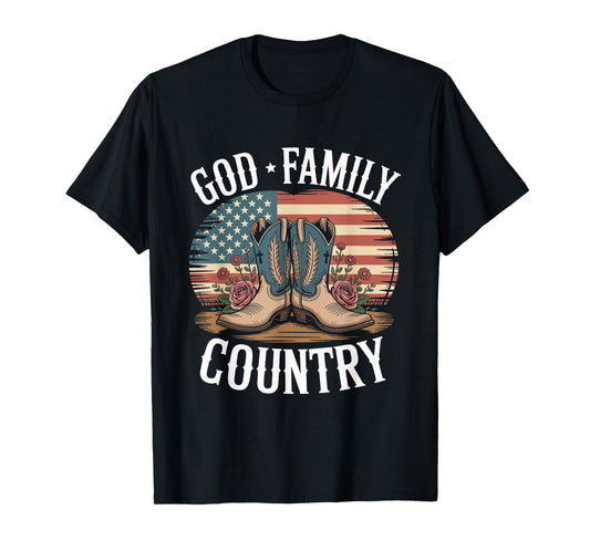 God Family Country Freedom - Patriotic Christian US Flag T-Shirt
