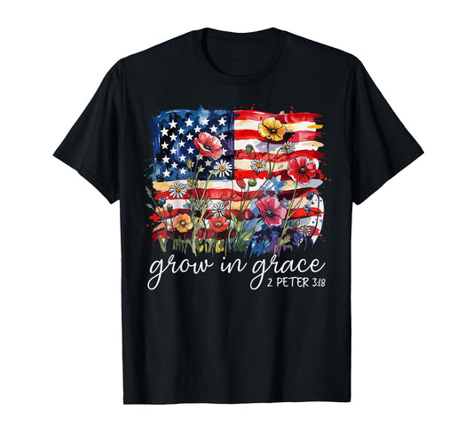 USA Flag Wildflower Grow In Grace Religious Faith Christ T-Shirt