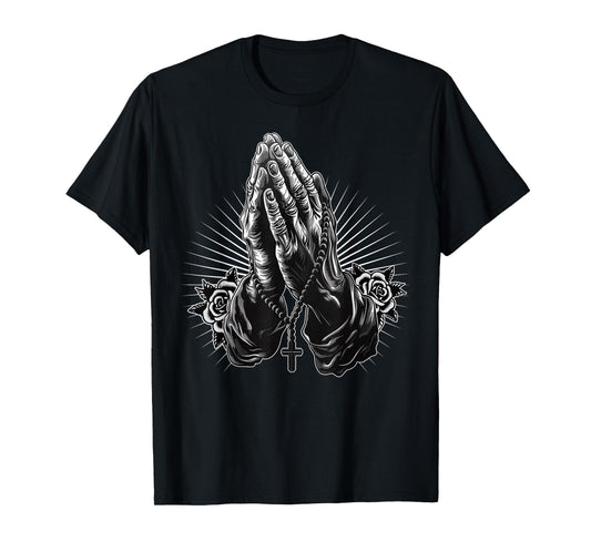 Prayer Hands Catholic Christian Chicano Tattoo Rosary T-Shirt