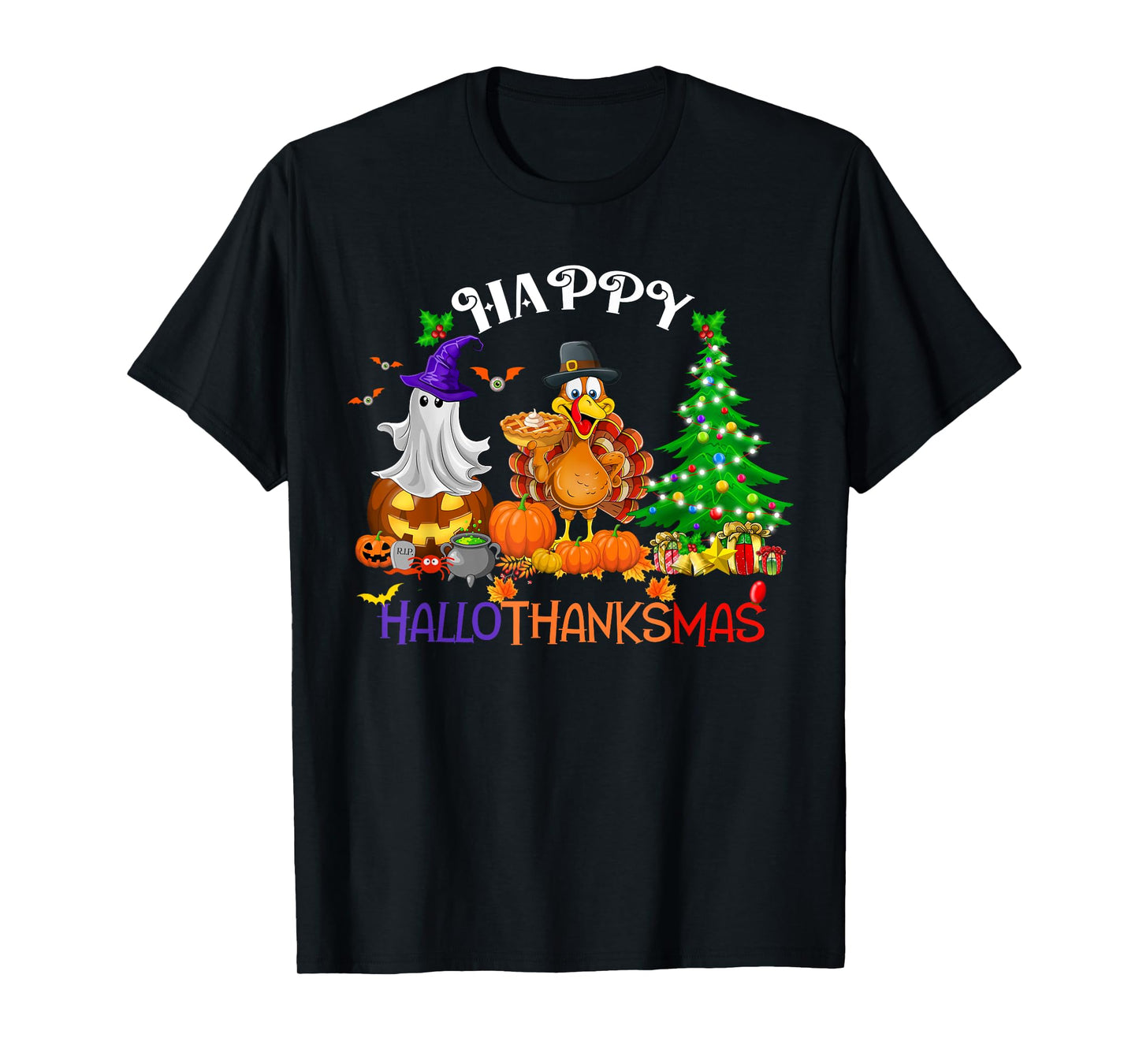 Retro Halloween Thanksgiving Christmas Happy HalloThanksMas T-Shirt