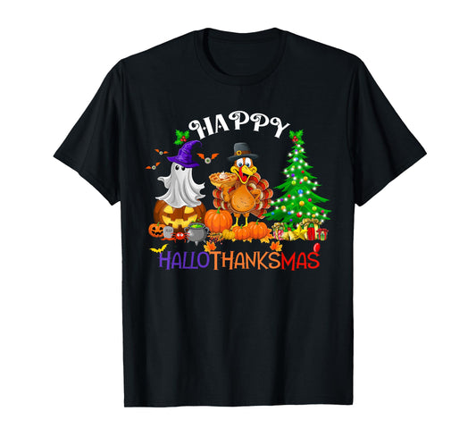 Retro Halloween Thanksgiving Christmas Happy HalloThanksMas T-Shirt