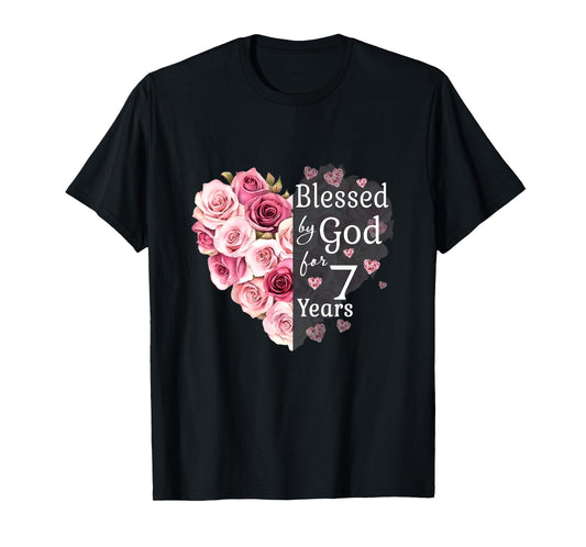 Kids Blessed By God For 7 Years Rose Flower Heart 7th Birthday T-Shirt