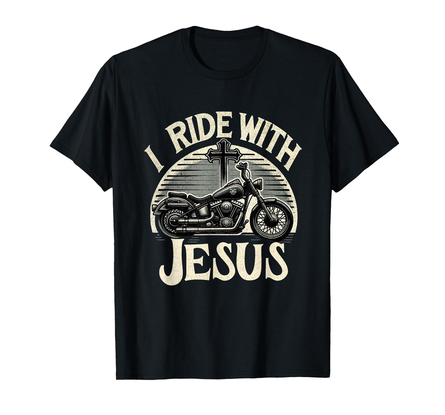 Faithful Flair I Ride With Jesus Motorcycle Christian T-Shirt, Small, Black