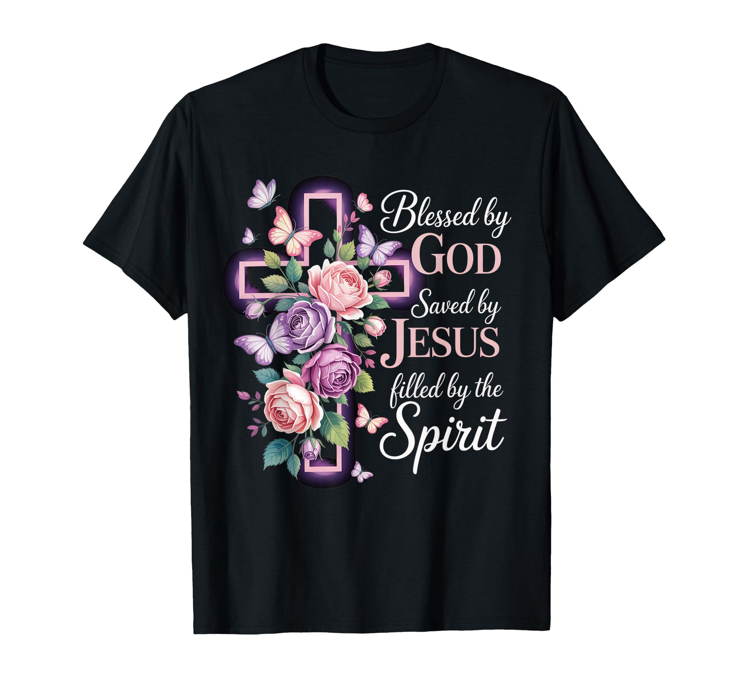 Blessed by God Saved by Jesus Purple Floral Cross Christian T-Shirt