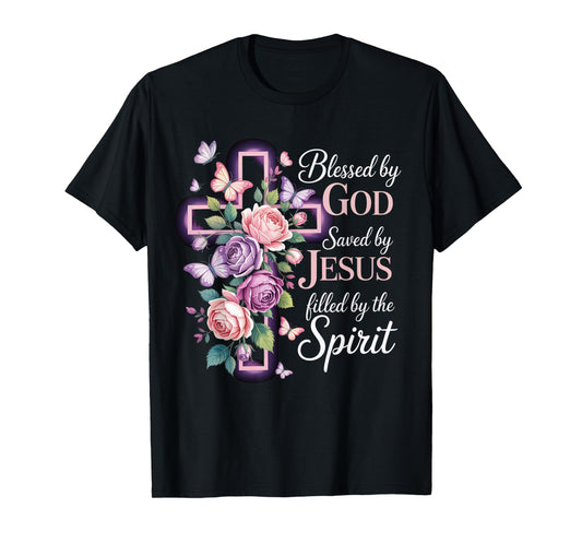 Blessed by God Saved by Jesus Purple Floral Cross Christian T-Shirt