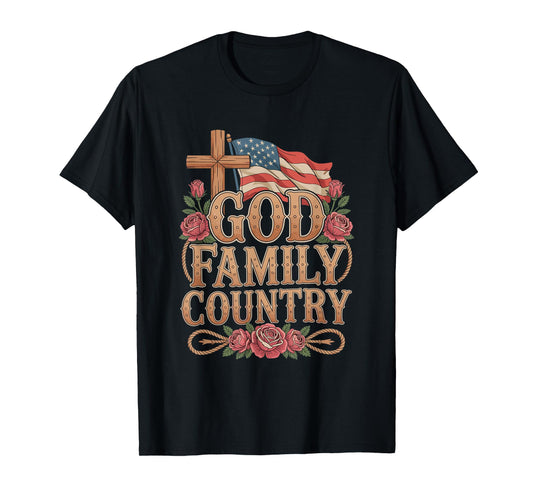 God Family Country Freedom - Patriotic Christian US Flag T-Shirt