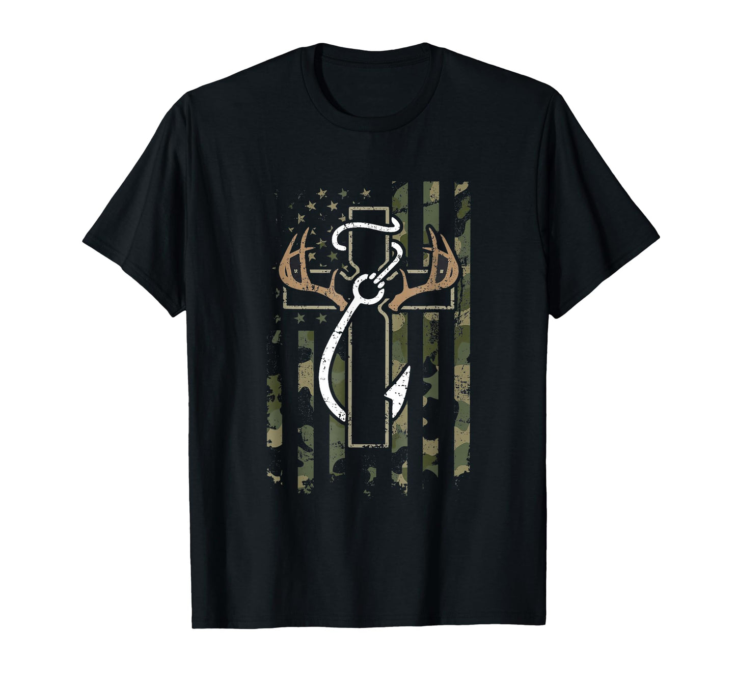 Faith Fishing Hunting Camo Cross with Hook Bass Christian T-Shirt