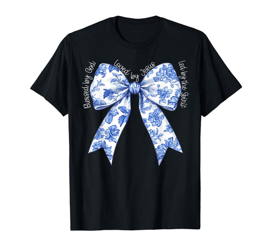 Blessed By God Loved By Jesus Blue Toile Coquette Bow T-Shirt