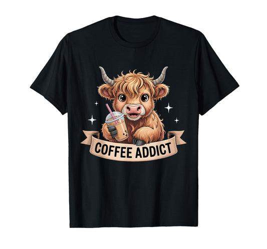 Cute Highland Cow Coffee Addict Funny Drink Coffee Cowgirl T-Shirt