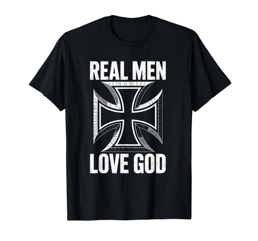 Retro Christian Cross Real Men Love God Design T-Shirt