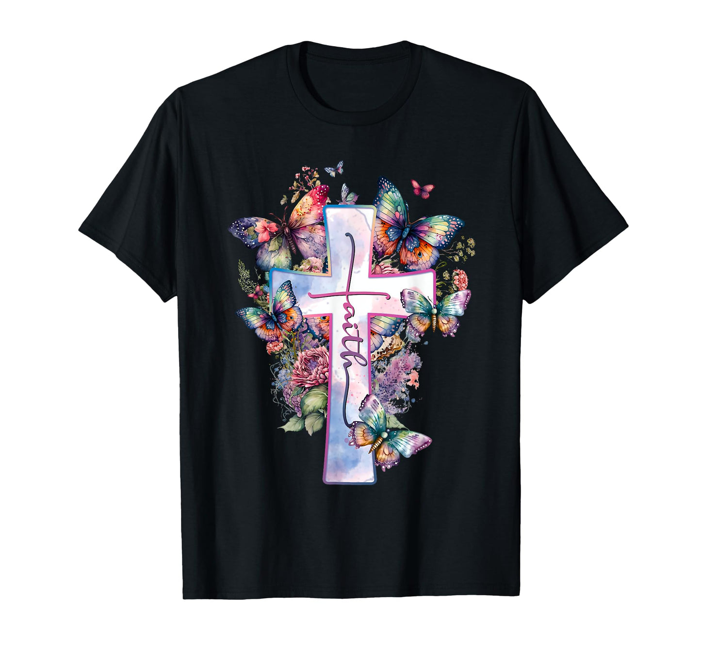 Faith-Cross Floral Butterflies Christ Flowers Religious T-Shirt