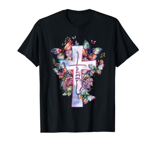 Faith-Cross Floral Butterflies Christ Flowers Religious T-Shirt