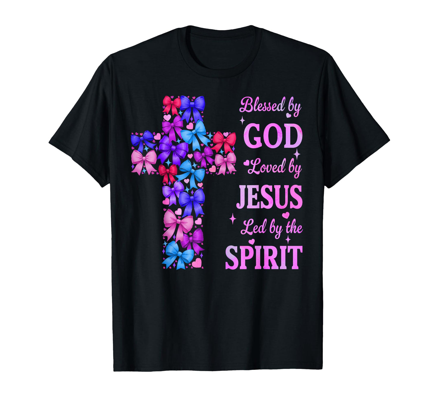 Blessed by God Loved by Jesus Coquette Bow Cross T-Shirt