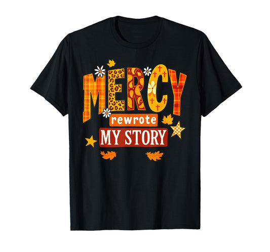 Mercy Rewrote My Story Fall Christian Leopard Autumn Women T-Shirt