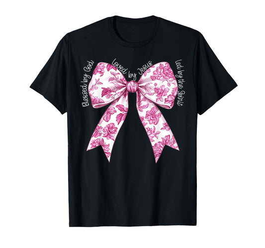 Blessed By God Loved By Jesus Pink Toile Coquette Bow T-Shirt