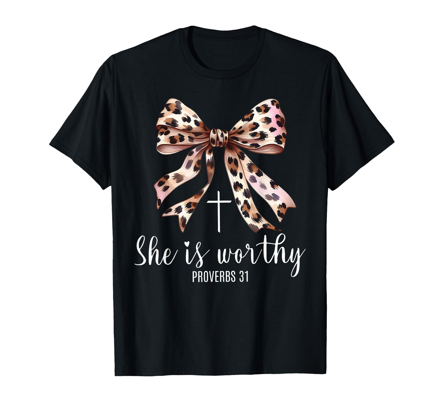 Christian Coquette Leopard Bow She Is Worthy Bible Religious T-Shirt