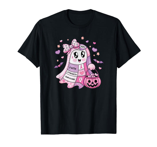 Cute Pink Ribbon Ghost Breast Cancer Awareness October T-Shirt