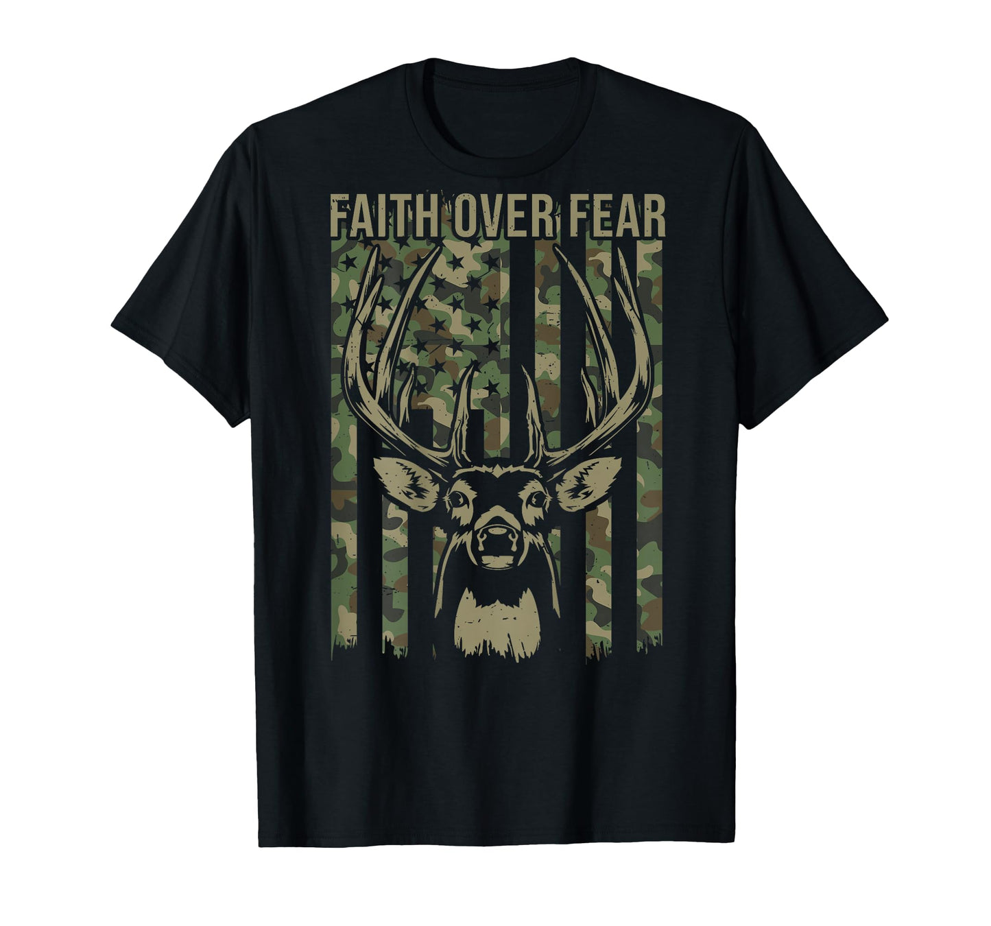 Camo Deer Hunting American Flag Faith Over Fear Christian T-Shirt