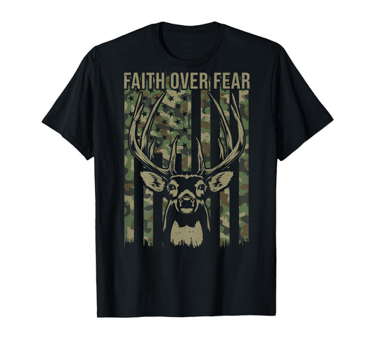 Christian Faith Over Fear American Flag Deer Hunting Camo T-Shirt