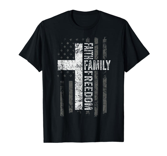 Faith Family Freedom Patriotic Christian Vintage USA Flag T-Shirt