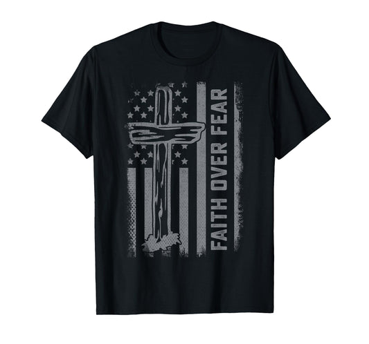 Christian US Flag Cross Faith Over Fear Men Women Kids T-Shirt