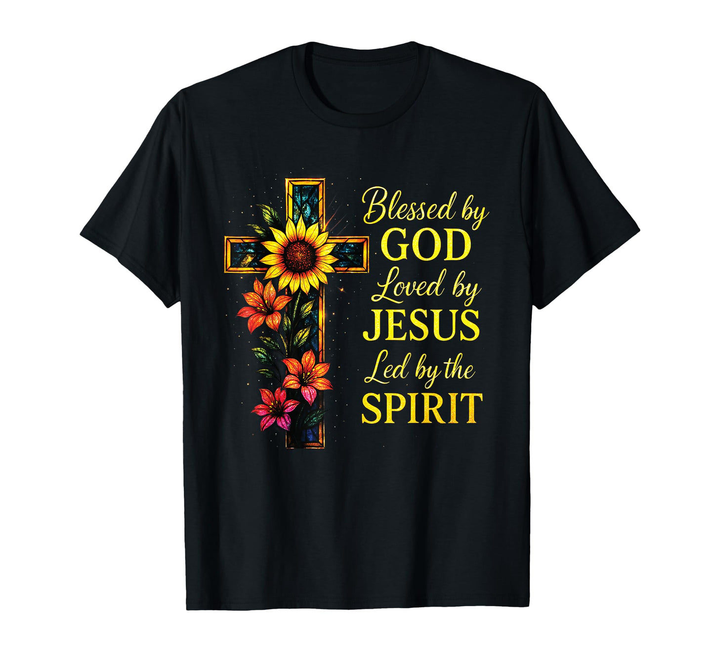 Blessed by God Loved by Jesus Stained Glass Cross T-Shirt