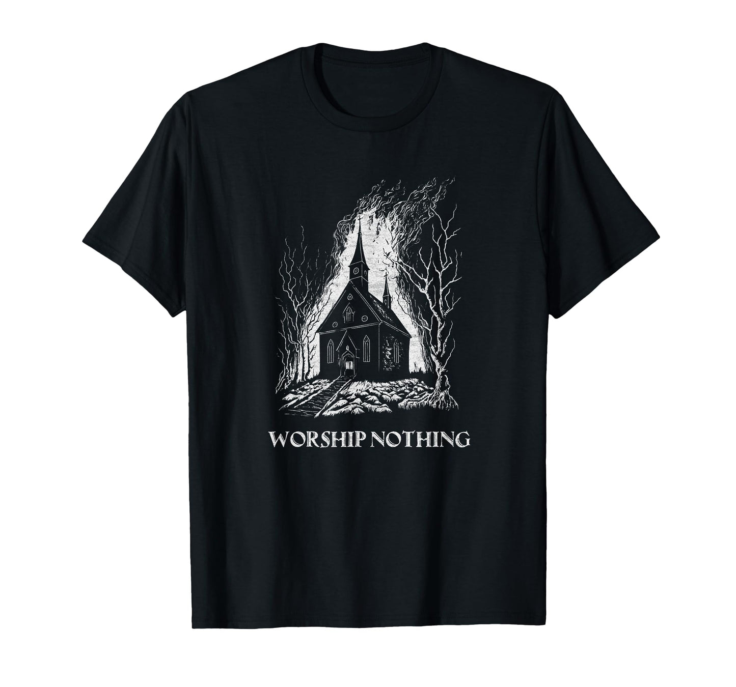 Burning Church Worship Nothing Atheist Satan Antichrist Goth T-Shirt