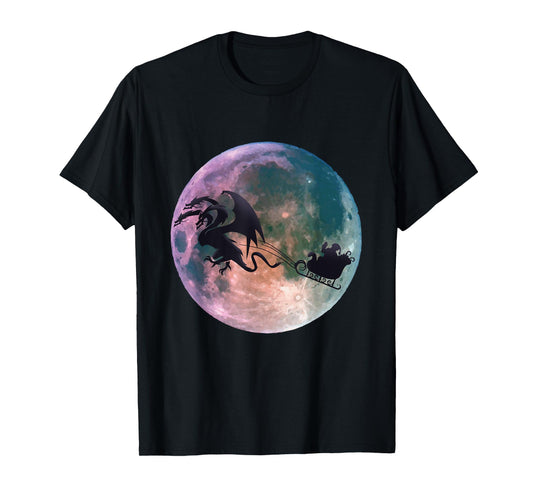 Christmas Santa Claus Flying Past the Moon With Dragon Gift T-Shirt