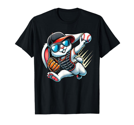 Easter Bunny Playing Baseball Catcher Teen Boys Kid Baseball T-Shirt
