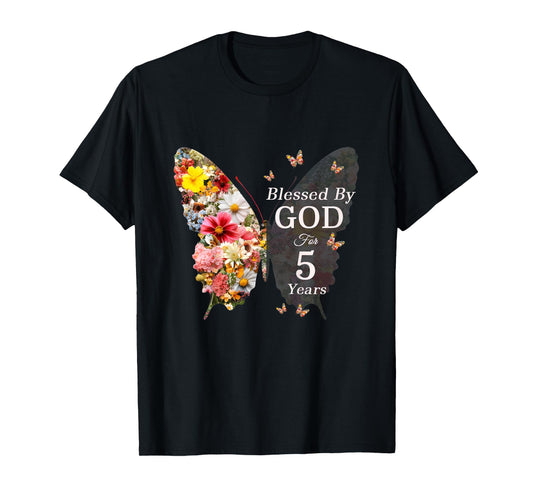 Kids Blessed By God For 5 Years Butterfly Flower 5th Birthday T-Shirt