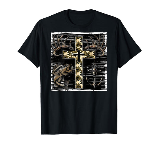 Hunting Fishing Cross Camo Faith Christian Fisherman Hunter T-Shirt