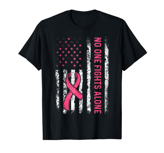 No One Fights Breast Cancer Alone American Flag Pink Ribbon T-Shirt