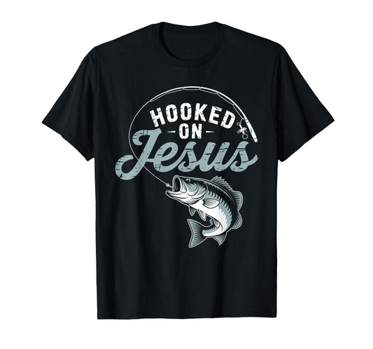 Hook On Jesus Bass Fishing Christian Religious God Men Boy T-Shirt