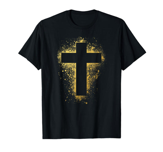 Gold Effect Crucifix t-shirt, paint splatter, art, God, amen