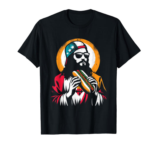 Jesus Eating Hot Dog - Funny Christian Religious Hot Dogs T-Shirt for Men Women Girls Kids