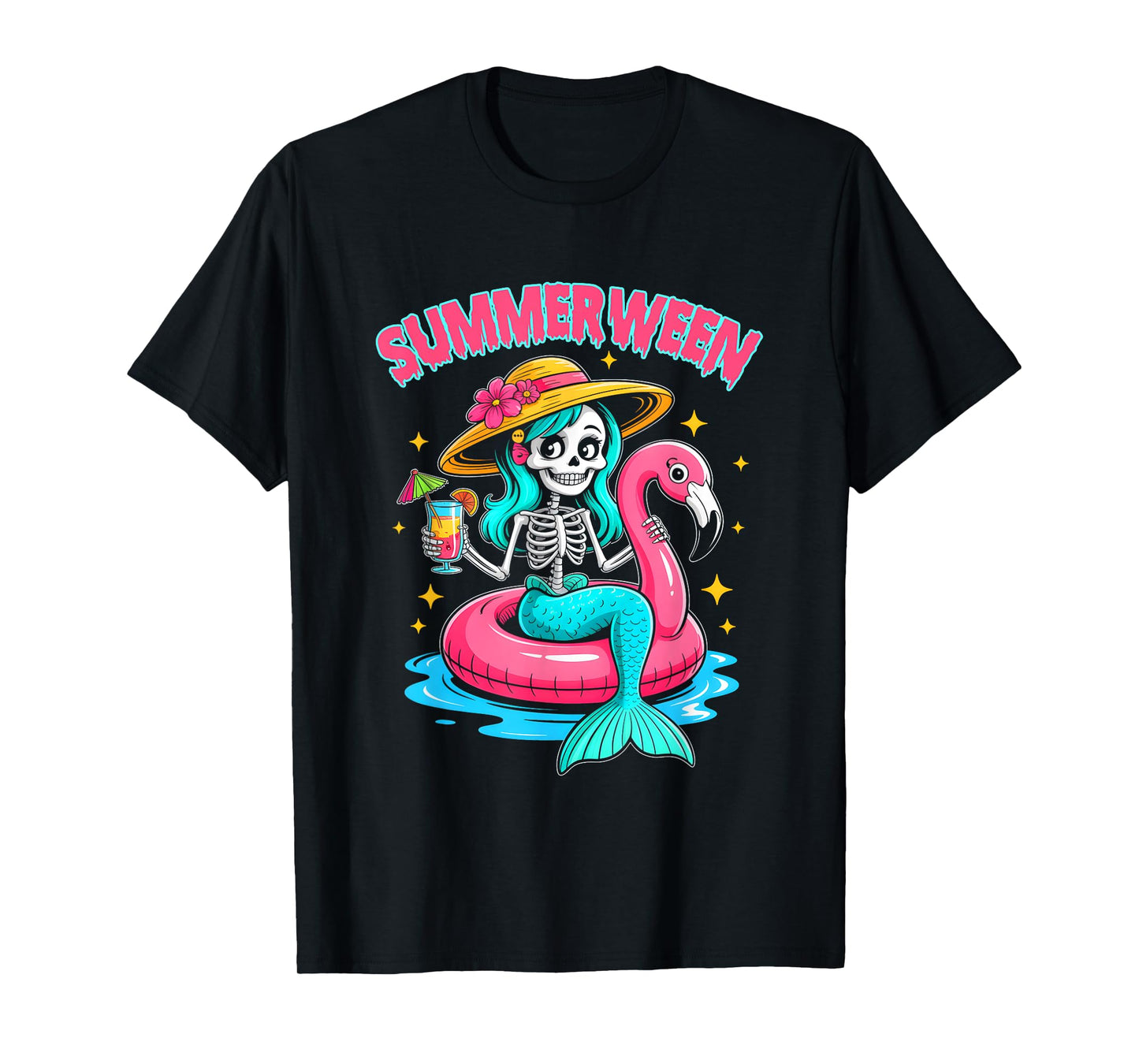 Summerween Mermaid Skeleton Halloween Flamingo Summer Vacay T-Shirt