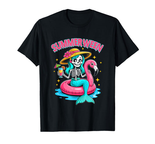 Summerween Mermaid Skeleton Halloween Flamingo Summer Vacay T-Shirt