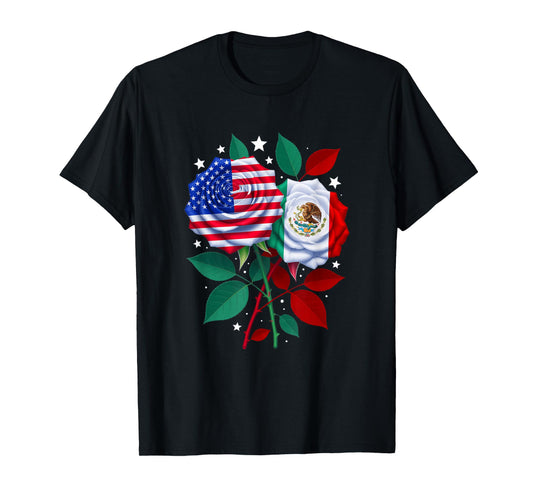 Mexico USA Flag Mexican Flag American Rose Flower T-Shirt