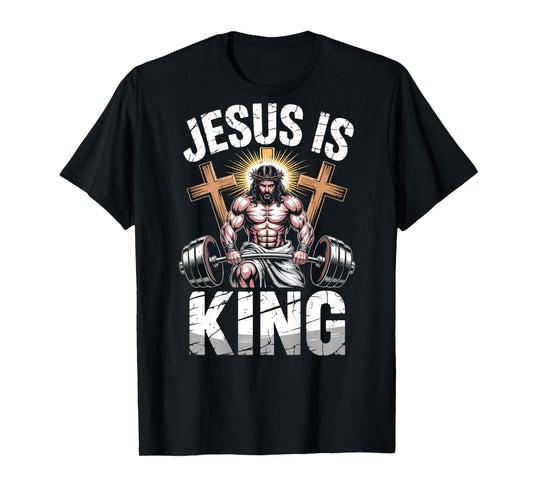 Mens Workout Christian Gym Jesus is King Funny Faith-Fitness T-Shirt