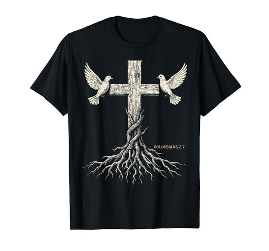 Retro Vintage Rooted in Christ Christian Cross Faith T-Shirt
