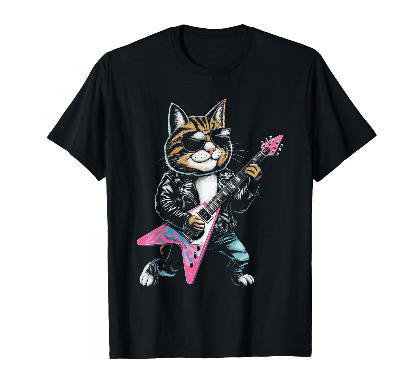 Rock Star Cat Playing Guitar Design T-Shirt