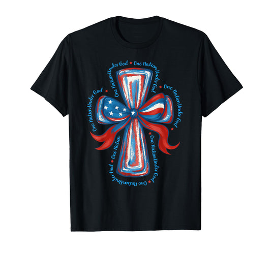 One Nation Under God USA Flag Cross Coquette Bow 4th Of July T-Shirt