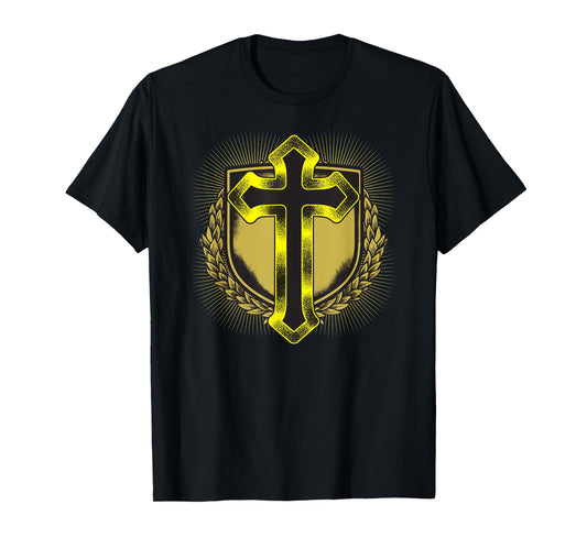 Distressed Golden Cross Christian Coat of arms Design T-Shirt